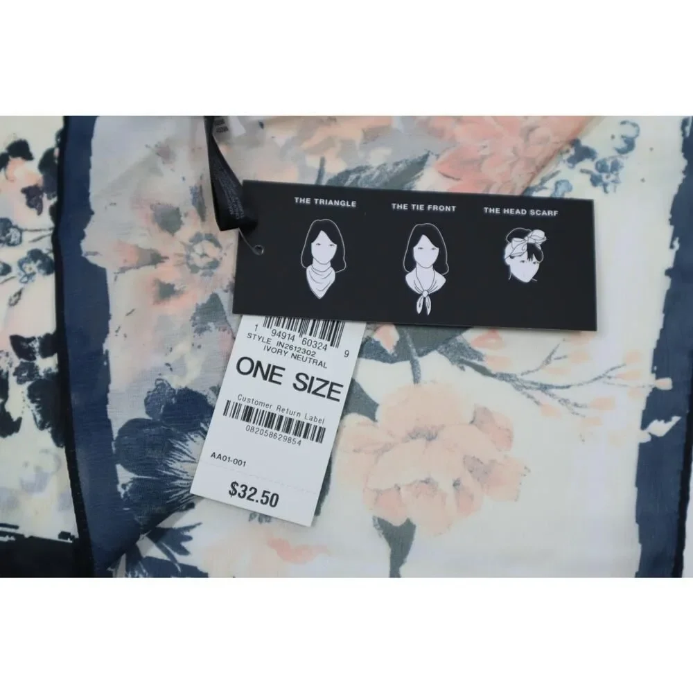 INC Multi Use‎ Ivory Multi Color Butterfly Floral Square Scarf